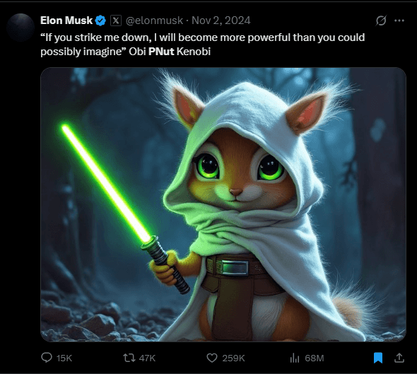 Publicación de Elon Musk sobre PNUT en su página de Twitter