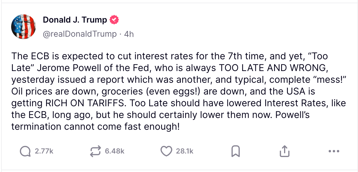 El presidente de EE.UU. Donald Trump critica al presidente de la Fed, Jerome Powell, sobre la política de tasas de interés, 17 de abril de 2025 |  Fuente: TruthSocial