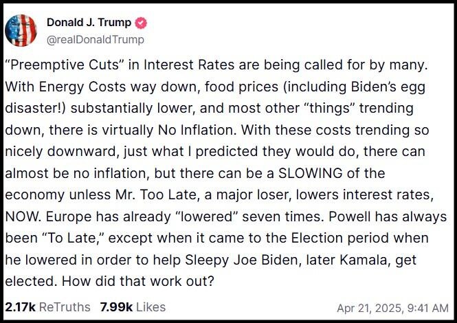 Declaración de Trump en Truth Social sobre Powell