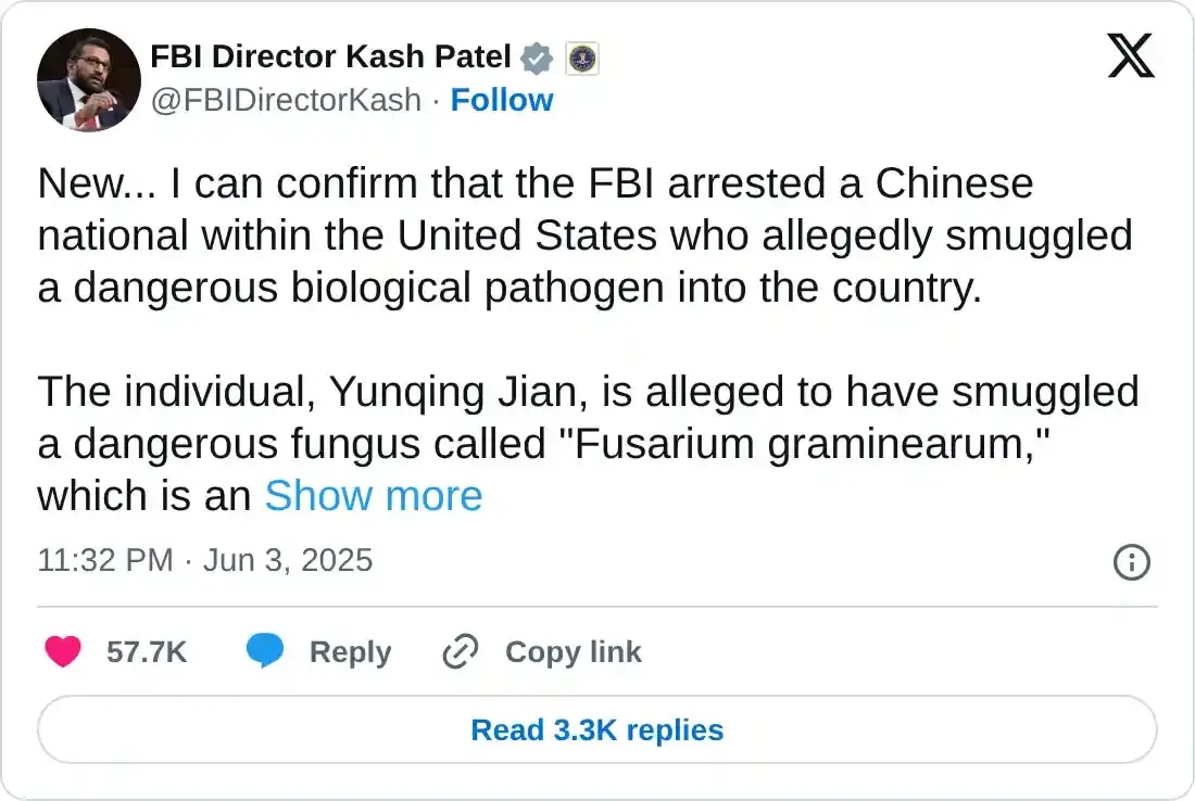 https://twitter.com/FBIDirectorKash/status/1930044884284523001
