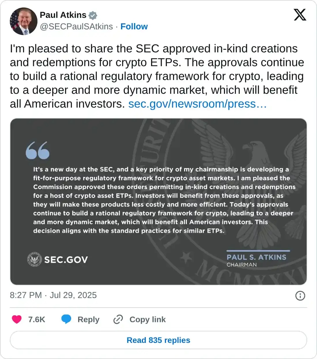 https://twitter.com/SECPaulSAtkins/status/1950292054409457936