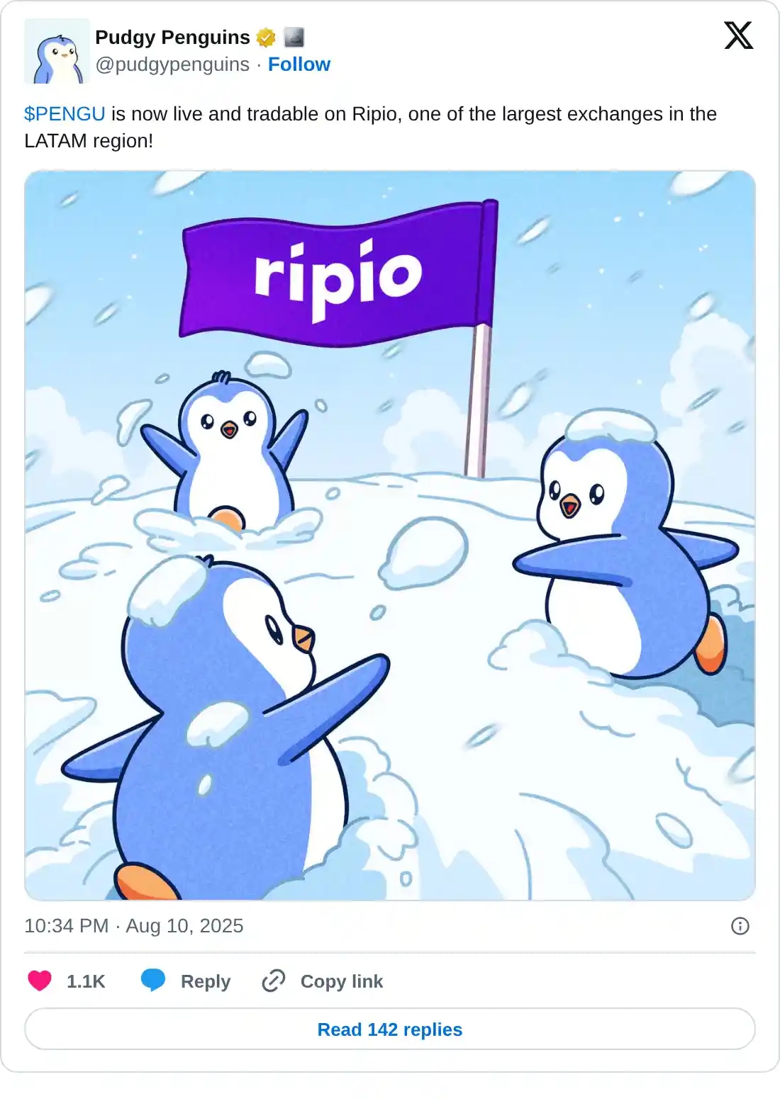 https://x.com/pudgypenguins/status/1954672779305078799