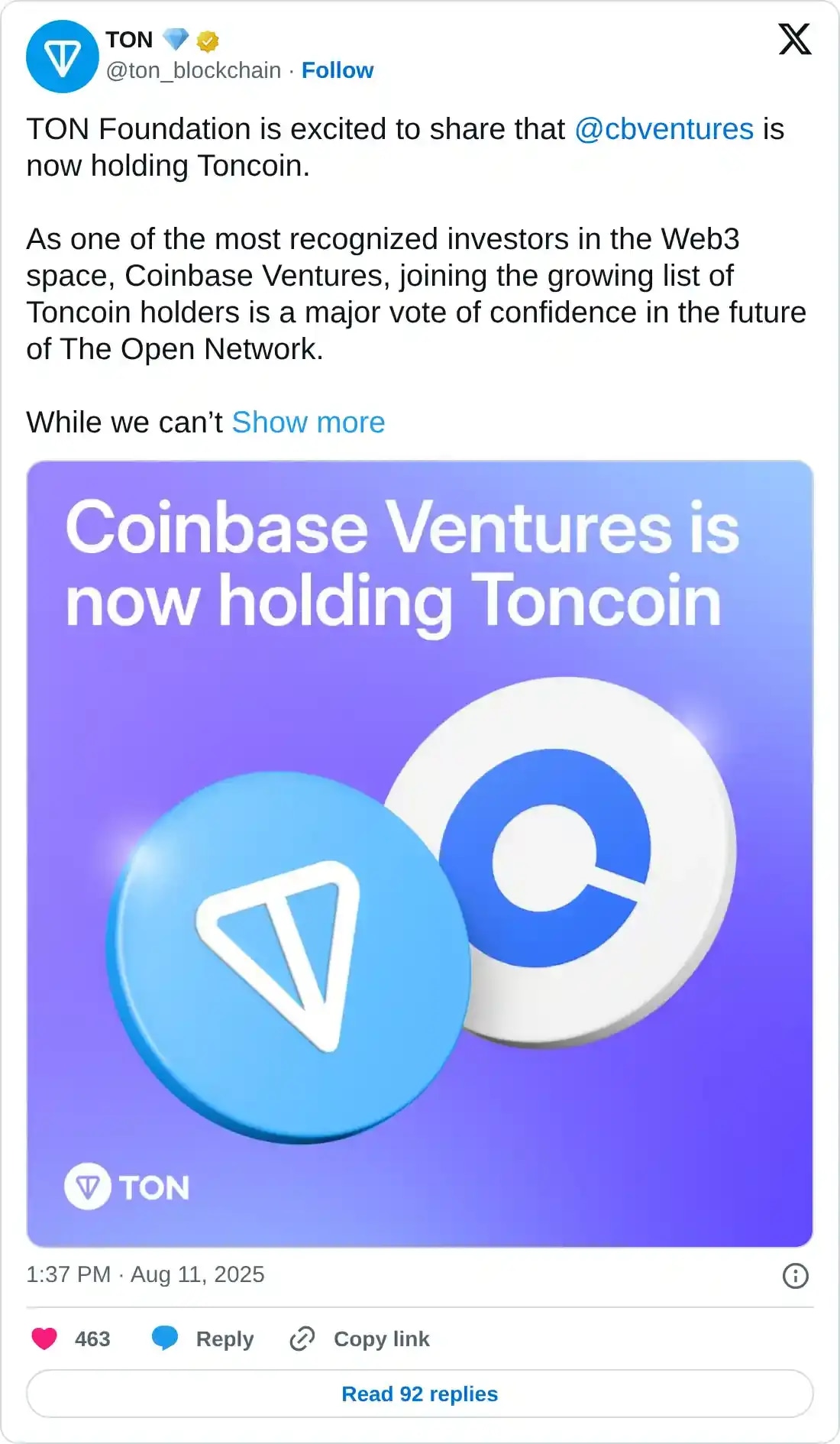 https://x.com/ton_blockchain/status/1954899899792929054