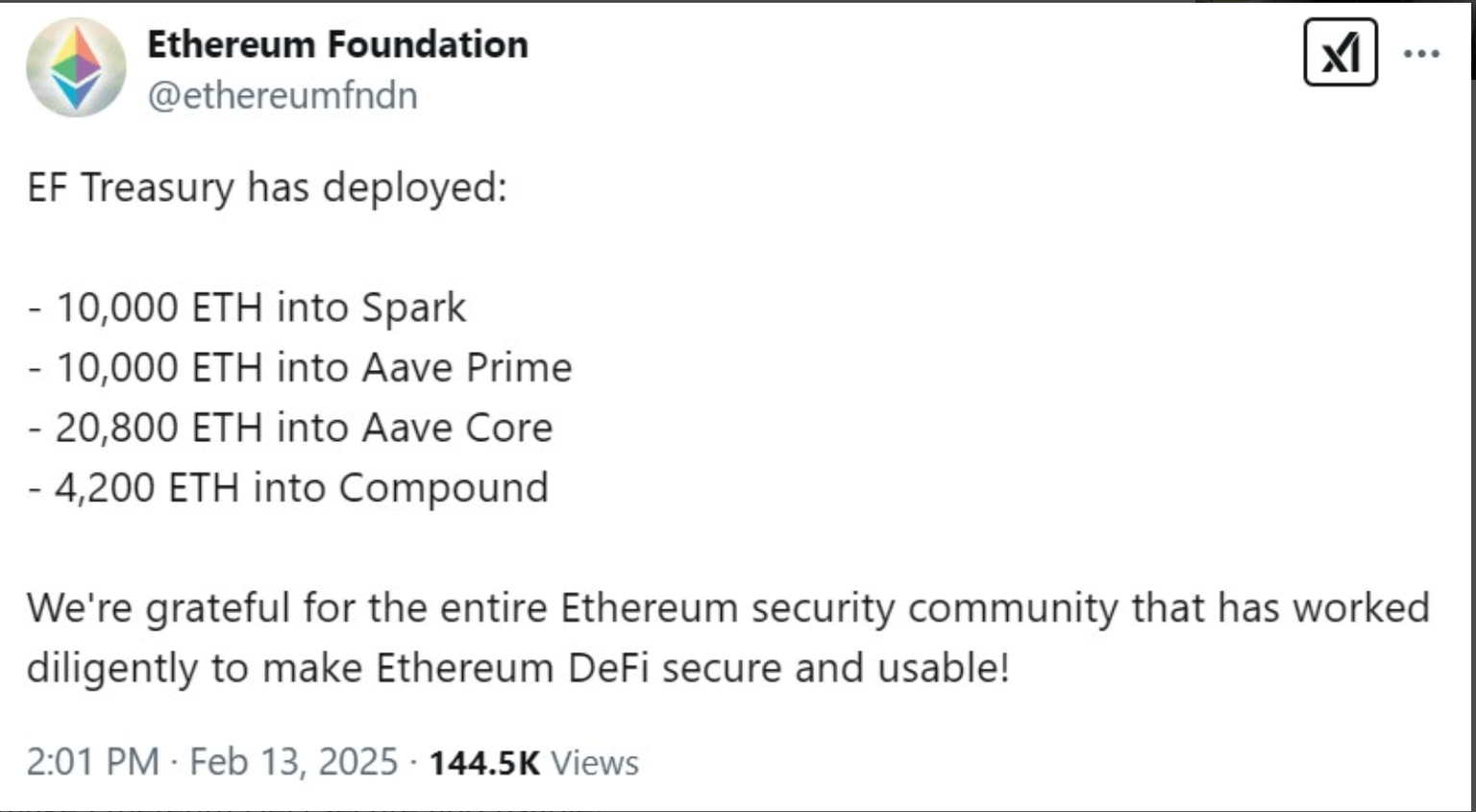La Fundación Ethereum anuncia una inversión DeFi de 45.000 ETH, 13 de febrero de 2025 | Fuente: X.com