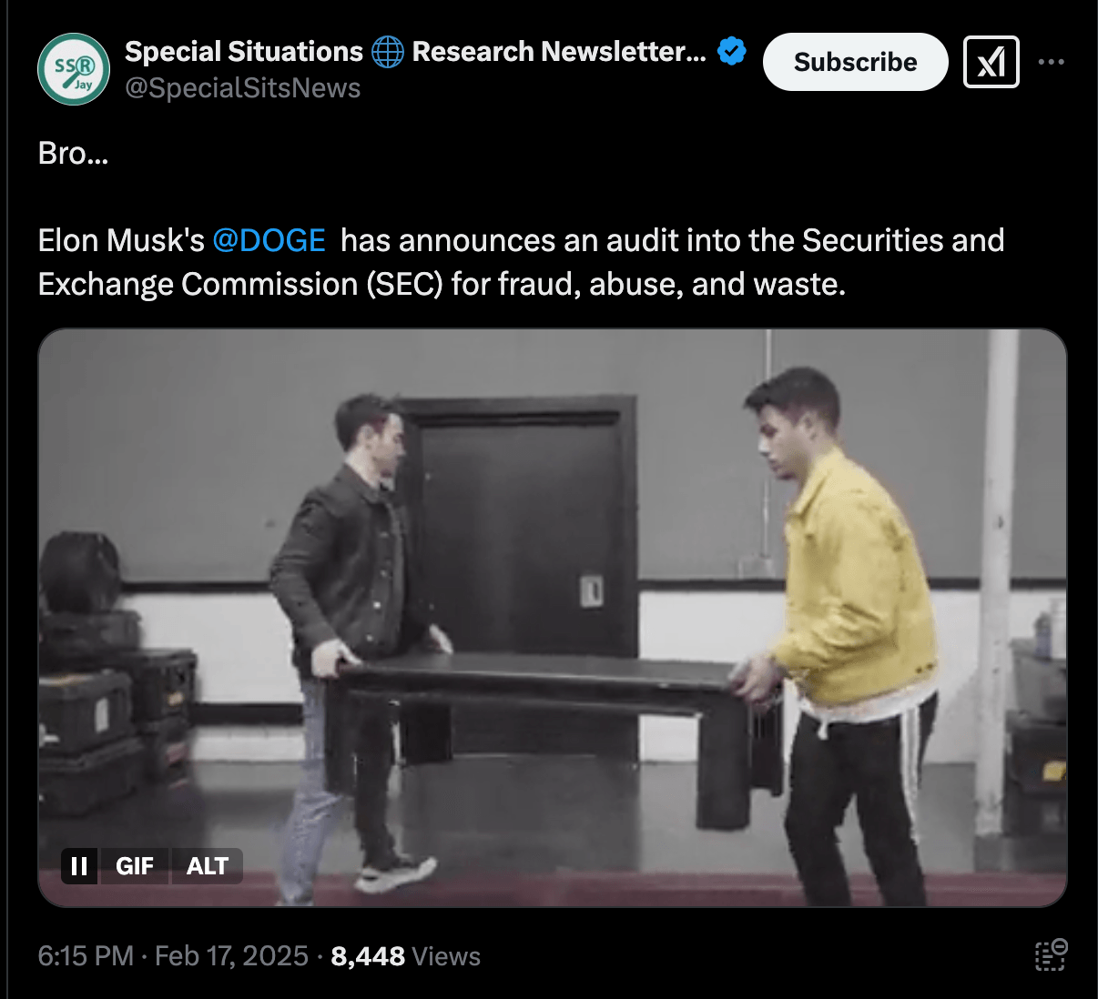 El Departamento de Eficiencia Gubernamental (D.O.G.E) liderado por Elon Musk anunció una investigación oficial sobre la SEC de EE.UU., 18 de febrero de 2025