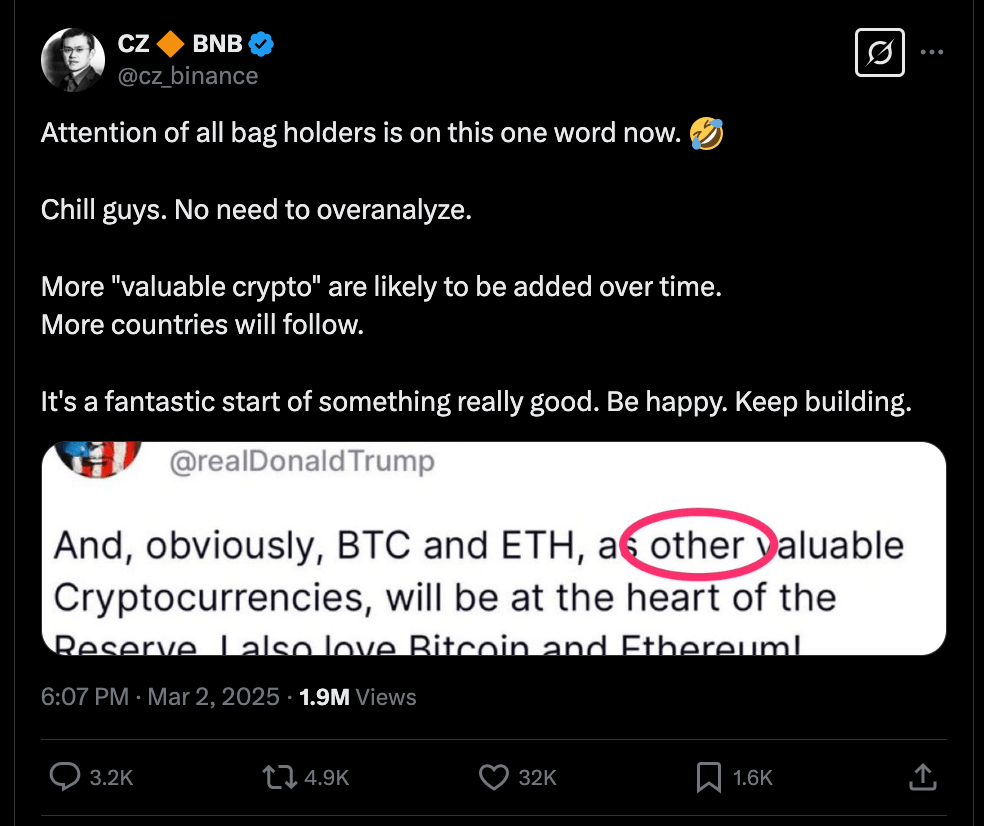 Co-Fundador de Binance Changpeng Zhao Reacciona al Anuncio de la Reserva Estratégica de Criptoactivos de Trump | 28 de febrero de 2025