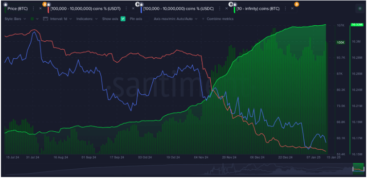 Bitcoin 10+ holders wallet chart. Source: Santiment
