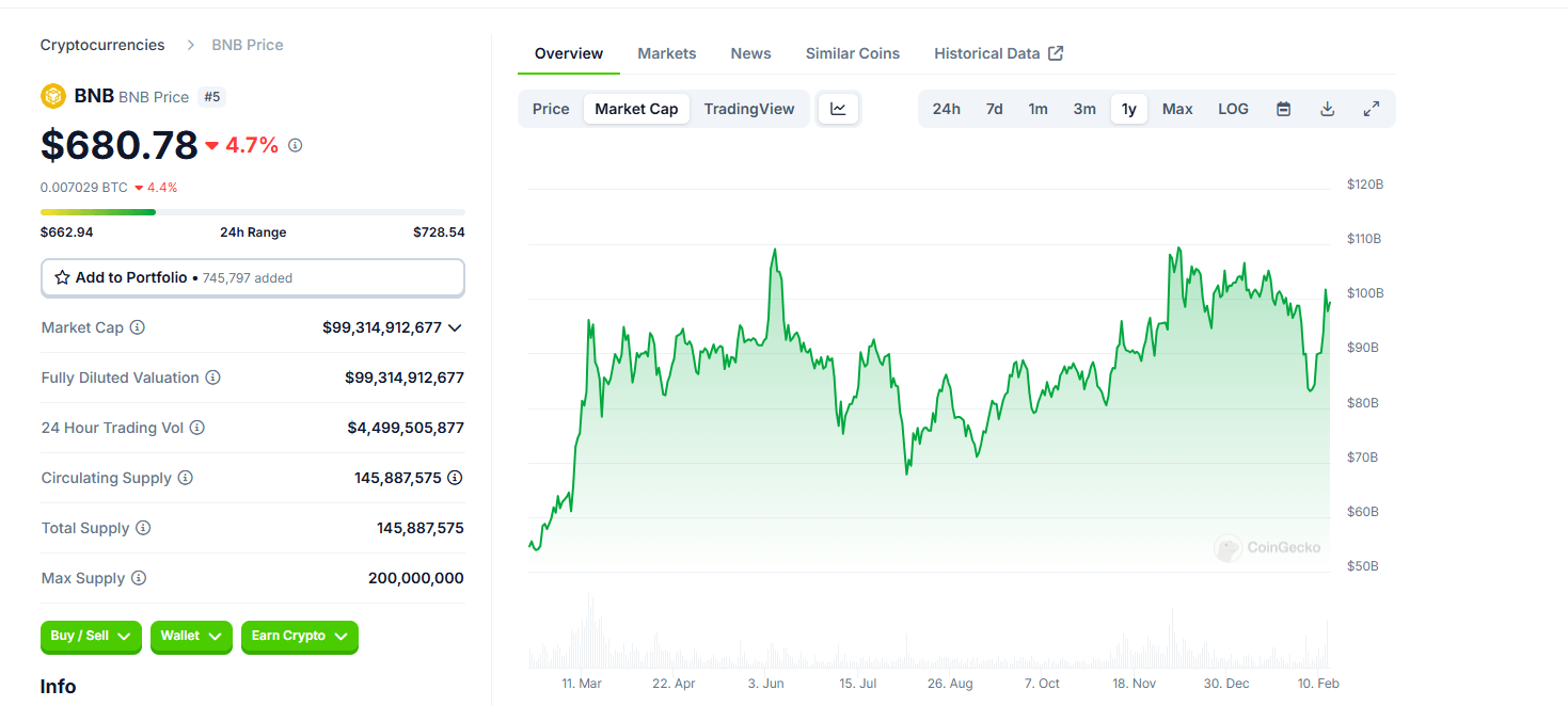Gráfico de capitalización de mercado de BNB. Fuente: CoinGecko