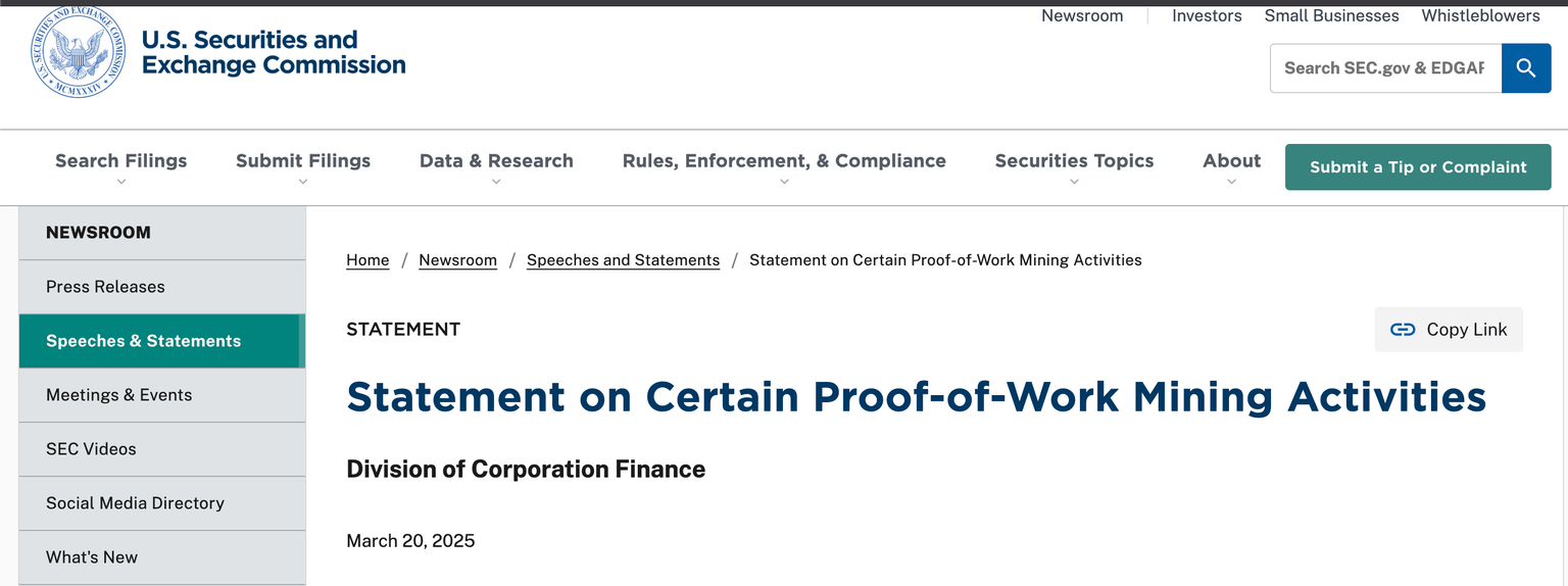 La SEC de EE.UU. emite un comunicado excluyendo la minería de Proof-of-Work de las regulaciones de valores | 20 de marzo de 2025