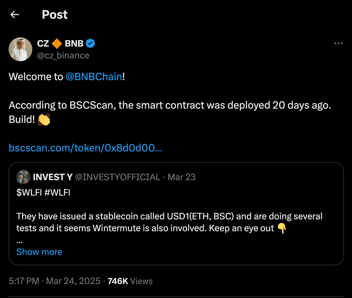 El cofundador de Binance, Changpeng Zhao, reacciona a las especulaciones sobre el lanzamiento de USD1 | 24 de marzo | Fuente: X.com/cz