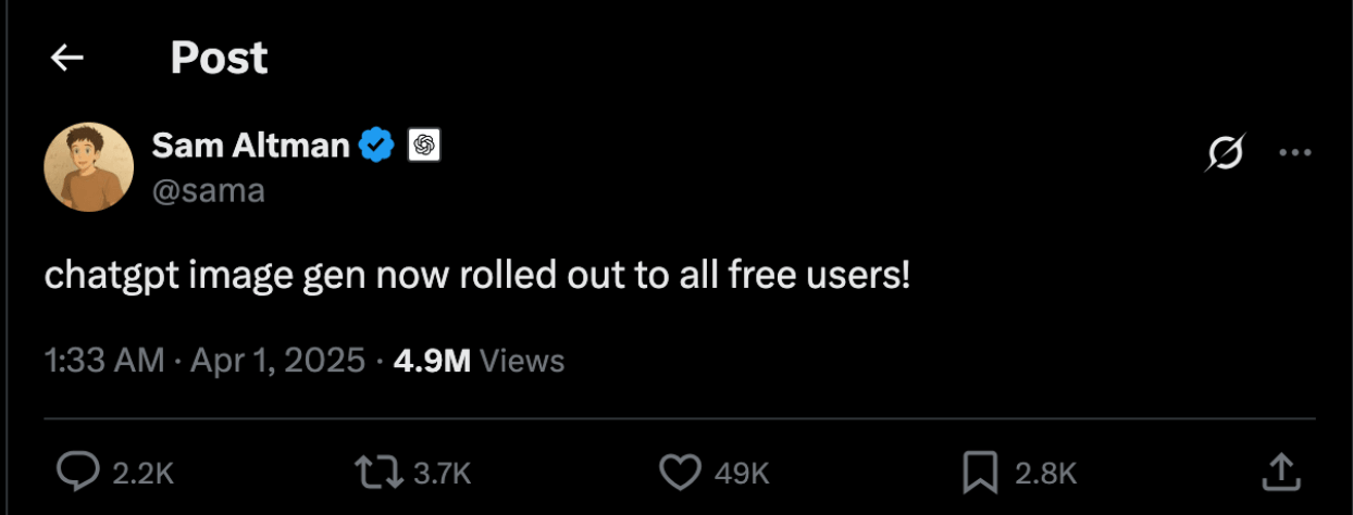 El CEO de OpenAI, Sam Altman, confirma la generación de imágenes de Ghibli, 1 de abril de 2025 | Fuente: X.com/Sama