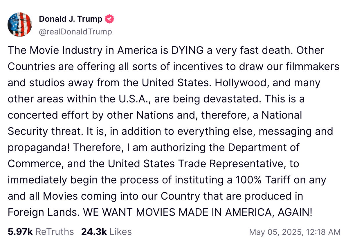 El presidente de EE.UU. Donald Trump pide aranceles del 100% sobre películas extranjeras, 5 de mayo de 2025 | Verdad
