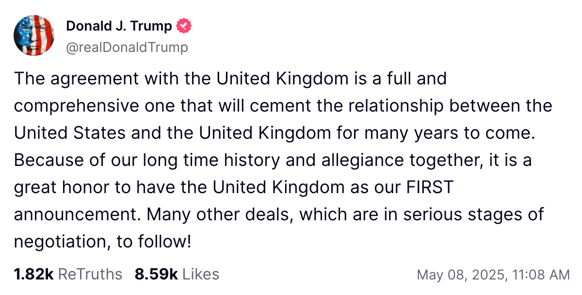 Trump anuncia acuerdo comercial con el Reino Unido, 8 de mayo de 2025 | TruthSocial