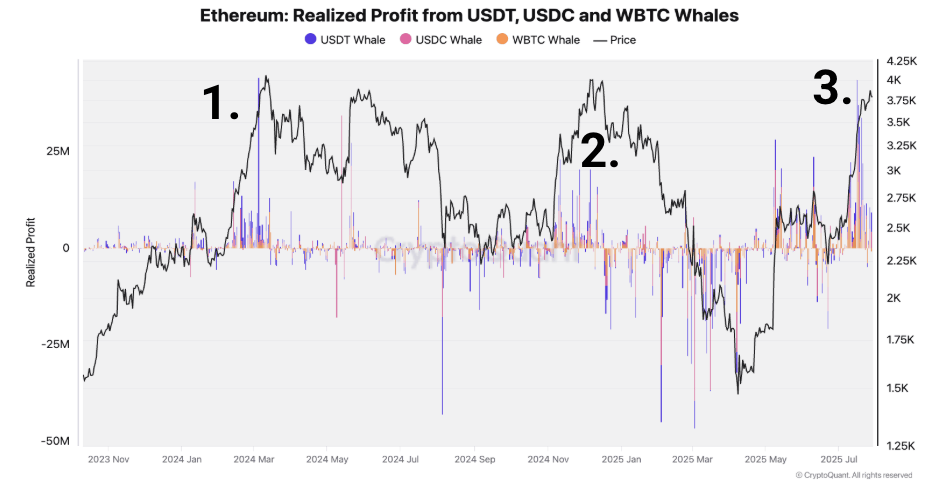Gráfico de beneficios realizados de ballenas de USDT, USDC y WBTC. Fuente: CryptoQuant