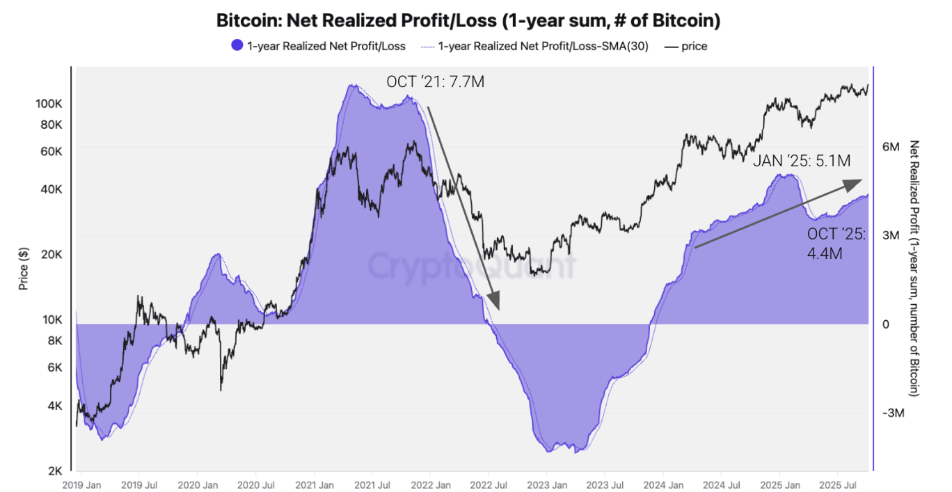 Gráfico de Beneficio/Pérdida Realizado Neto de Bitcoin (suma de 1 año). Fuente: CryptoQuant