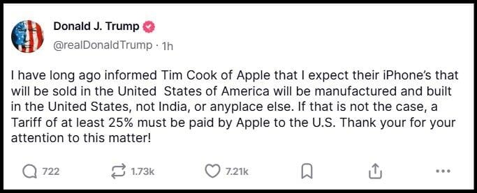 Publicación del 23 de mayo de 2025 en Truth Social