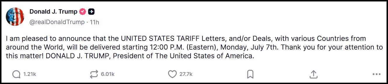 Cuenta de Truth Social del presidente Trump el 6 de junio de 2025