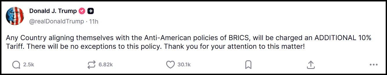 Cuenta de Truth Social del presidente Trump el 6 de julio de 2025