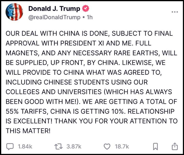 Publicación de Trump en Truth Social el 11 de junio de 2025