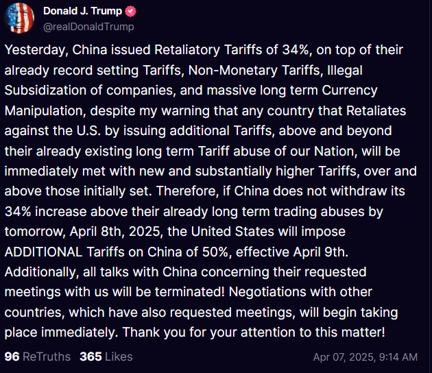 Publicación de Trump en Truth Social para el 7 de abril de 2025