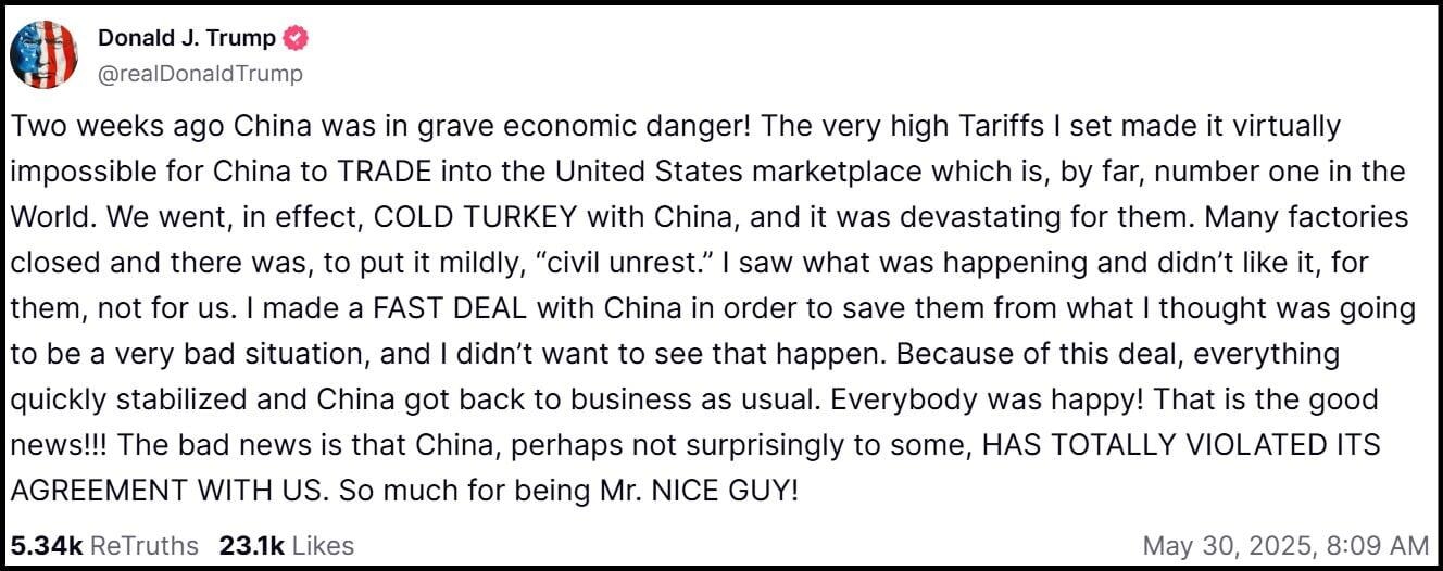 Publicación de Trump en Truth Social el 30 de mayo de 2025